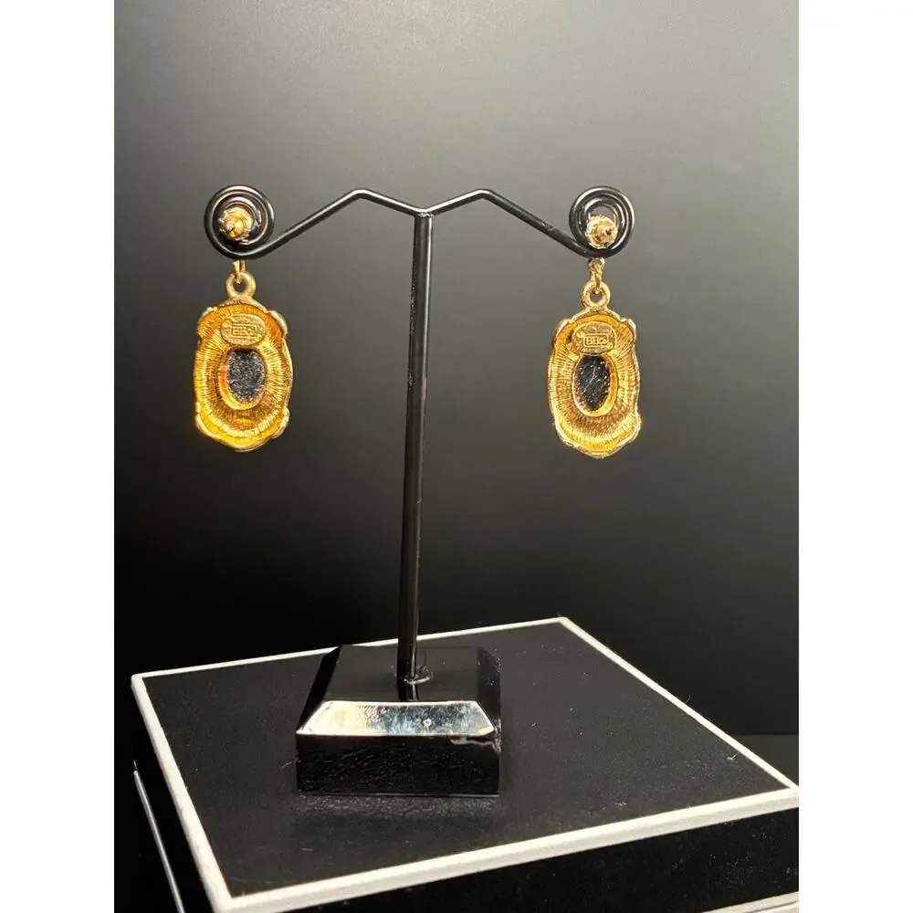 Vintage BB Co Gold Tone Hot Pink Glass Drop Earrings Statement 80s
